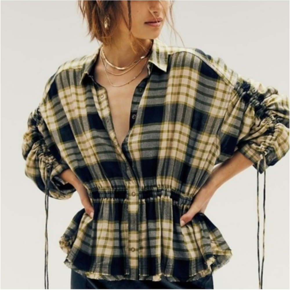 FREE PEOPLE Pacific Dawn Drawstring Plaid Top